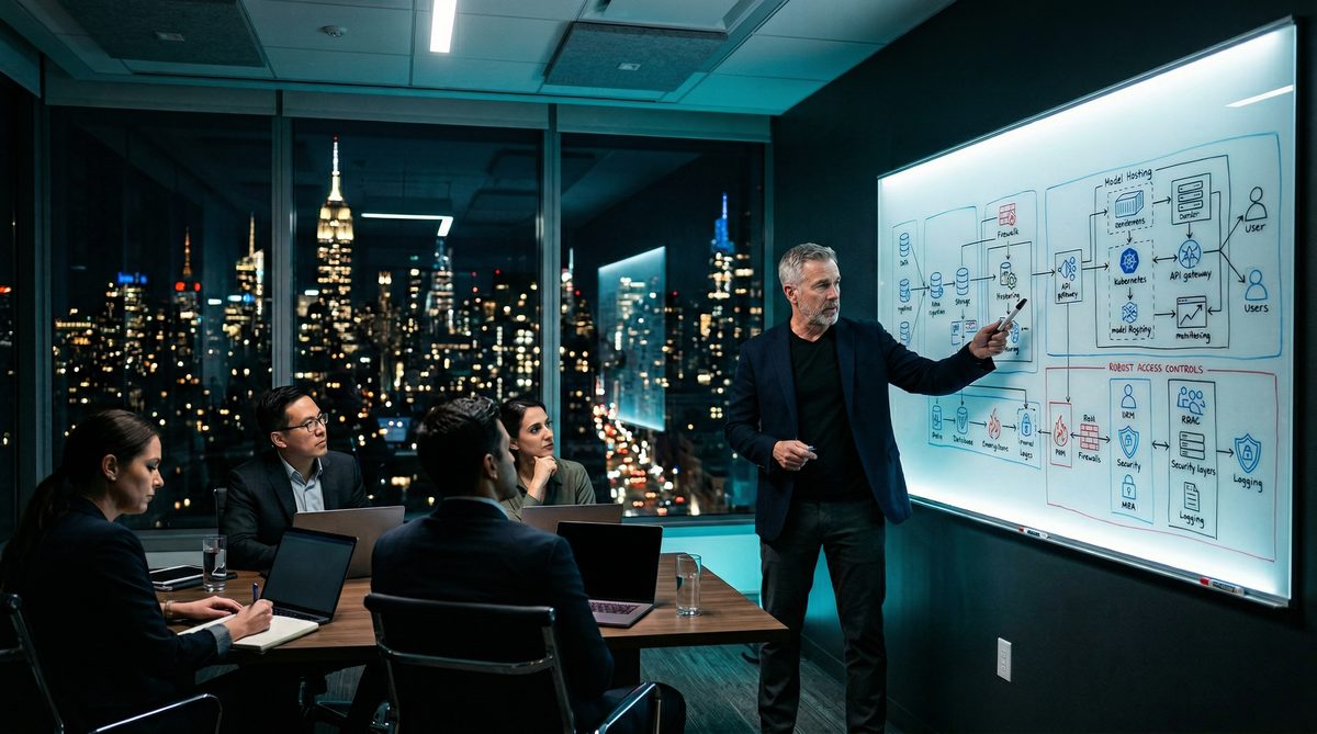 Security architect presenting an AI deployment security blueprint to a team in a New York conference room