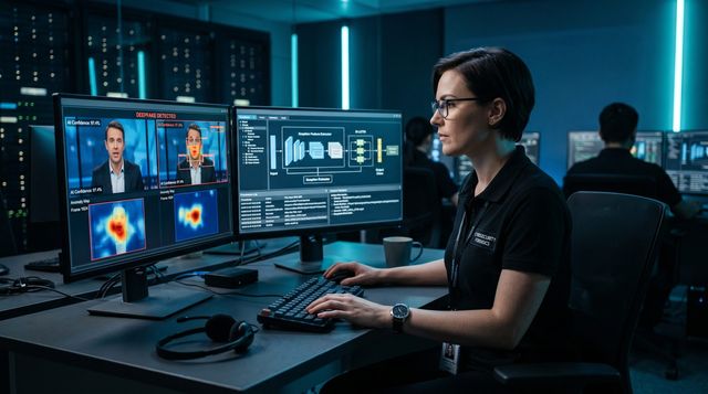 AI forensics analyst examining deepfake detection results in NYC operations center