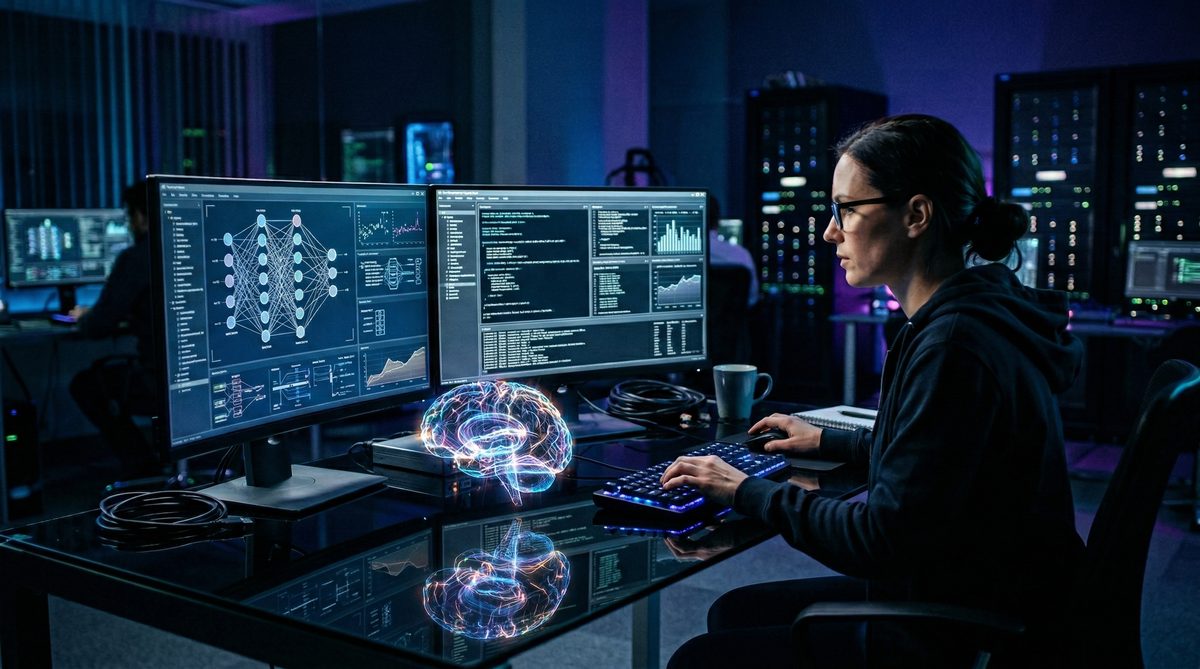 Cybersecurity researcher running adversarial attacks on an AI model with neural network visualization on monitors