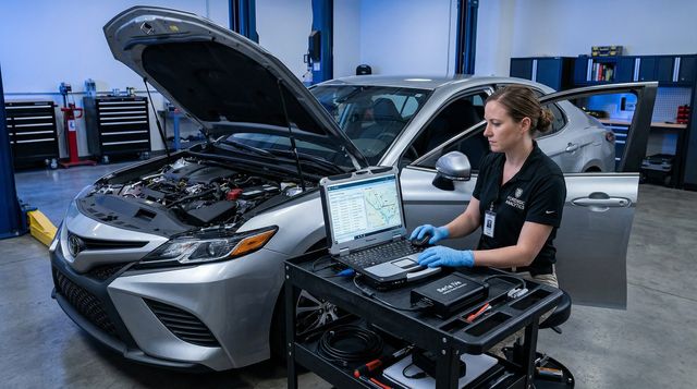 Vehicle ECU forensic examiner extracting data from automobile diagnostic port