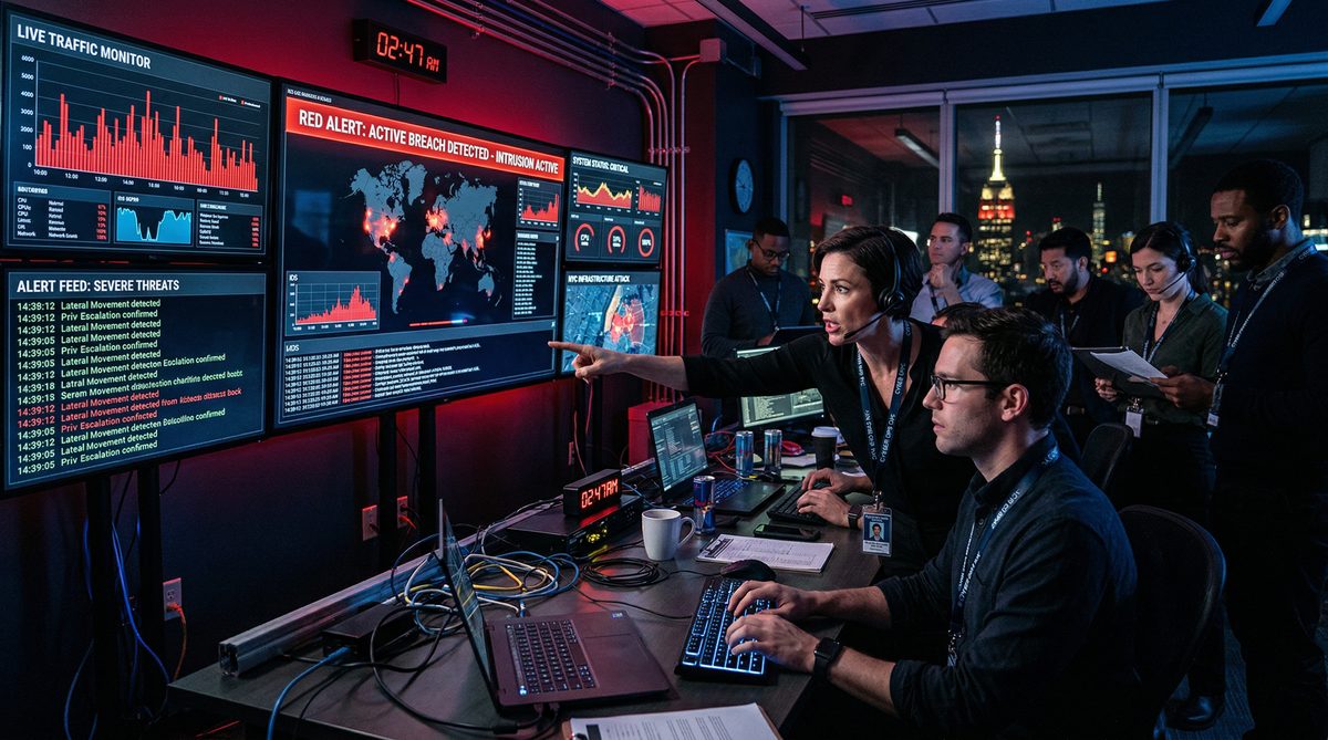 Cyber incident response team monitoring breach alerts in a dark operations center