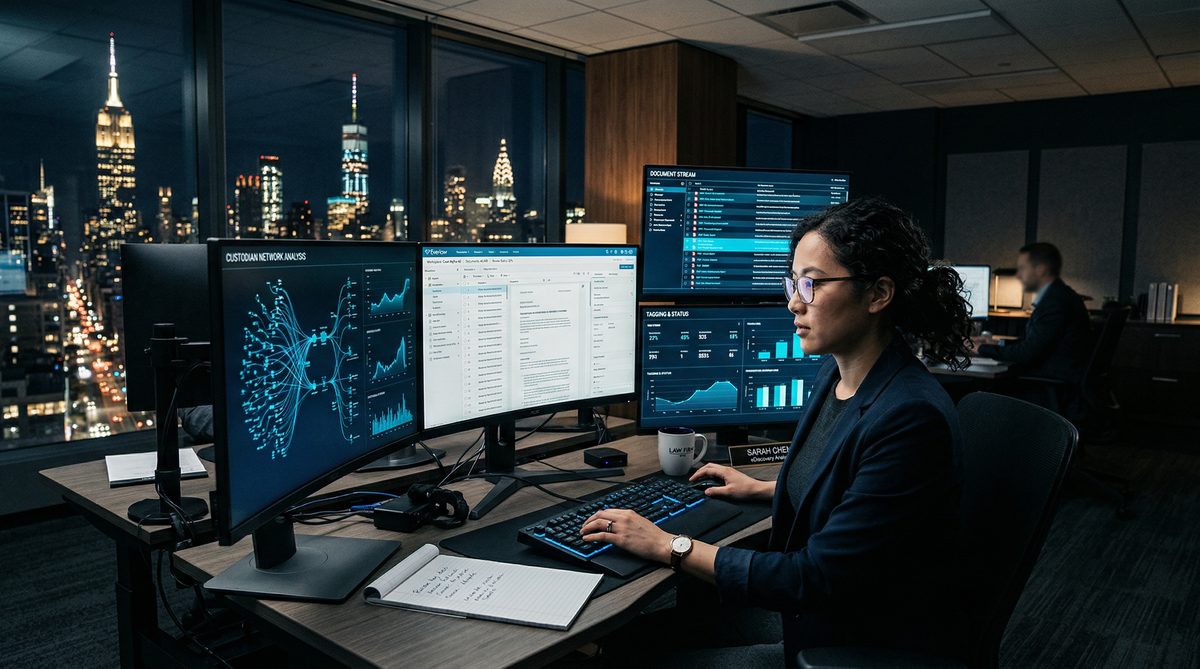 eDiscovery analyst reviewing legal documents on multiple monitors with NYC skyline