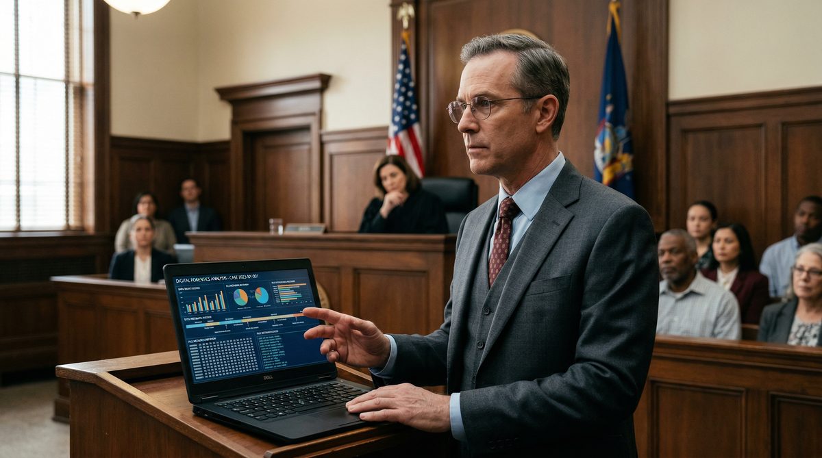Expert witness presenting digital forensics evidence in a New York courtroom