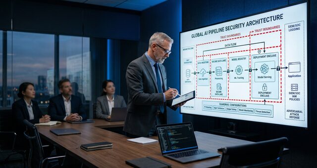 Senior cybersecurity architect presenting AI pipeline security architecture to stakeholders