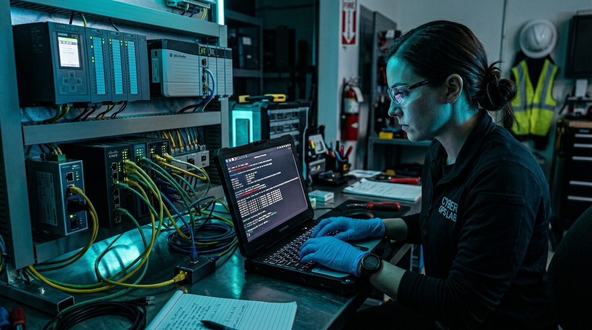 Security analyst examining industrial control system panels and network diagrams in a secure test lab
