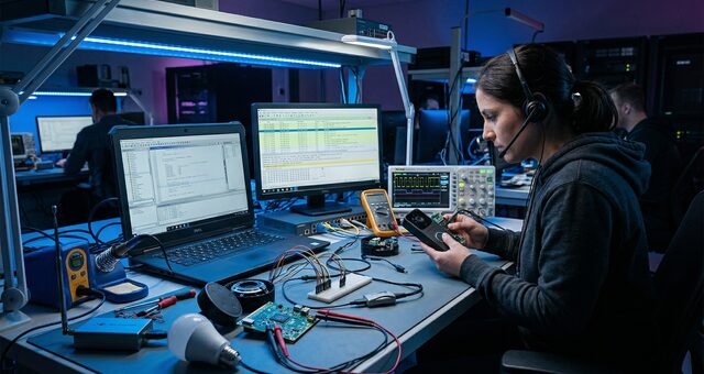 Security researcher examining IoT devices and embedded systems with firmware analysis tools