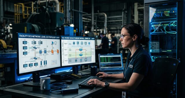 OT security engineer reviewing industrial network architecture and Purdue model segmentation diagrams