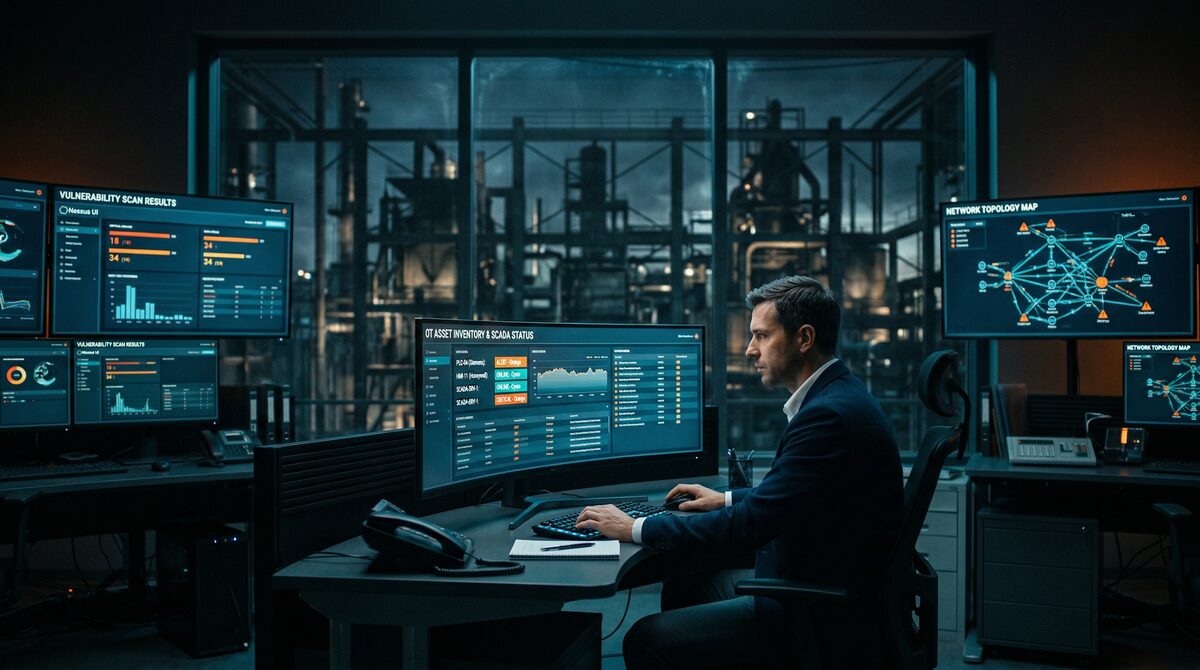 Industrial control system panels in a New York data center operations environment showing OT vulnerability monitoring