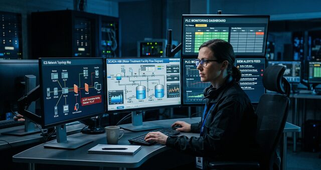Security analyst examining SCADA industrial control system displays in a dark operations center