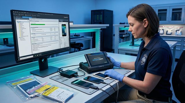 Mobile device forensics examiner extracting data from smartphones in NYC lab