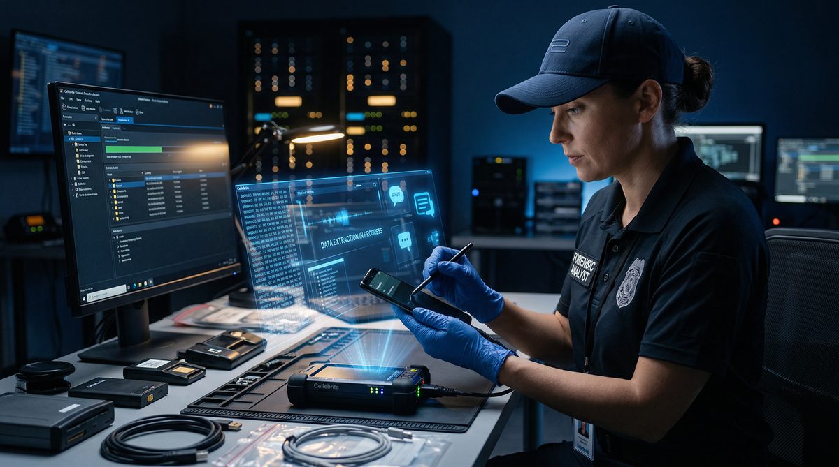 Forensics examiner extracting data from a smartphone in a professional lab