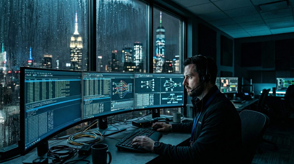 Network forensics analyst examining packet capture data and traffic flow diagrams on curved monitors