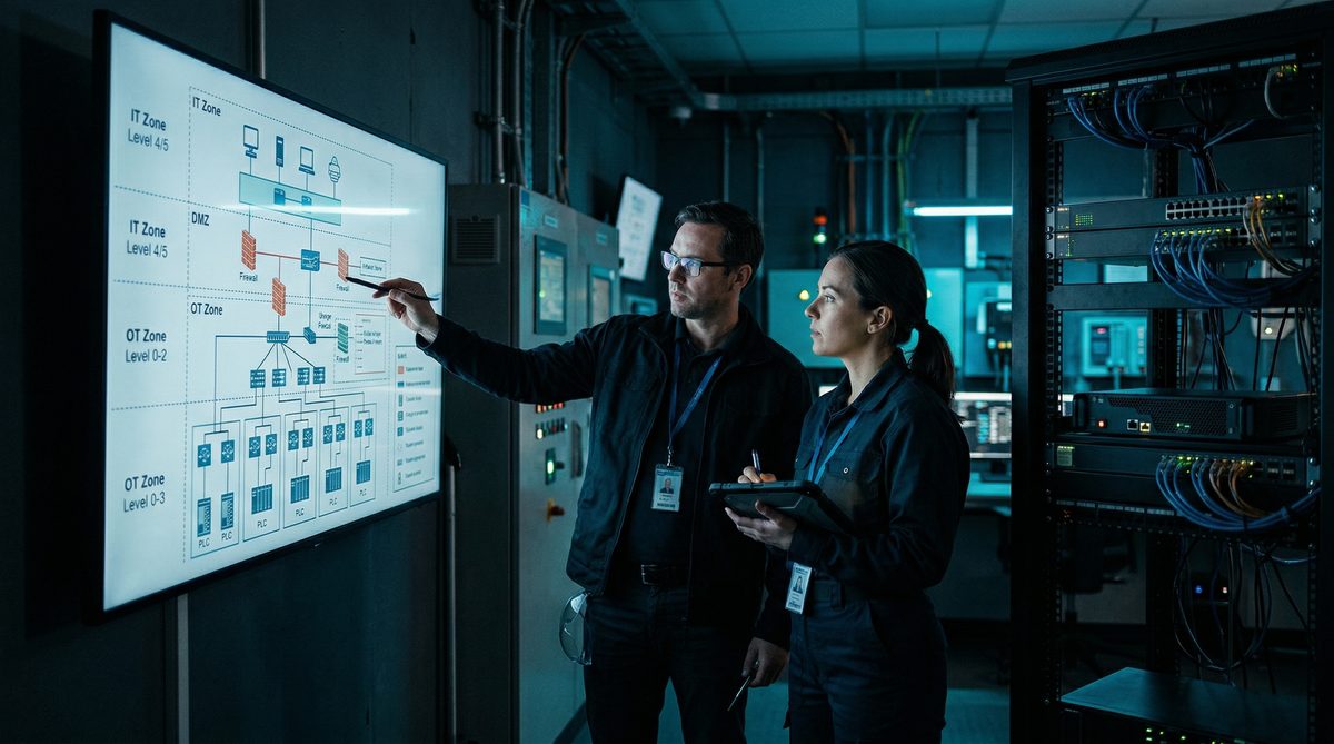 Two cybersecurity engineers reviewing OT network architecture on a large display in an industrial facility