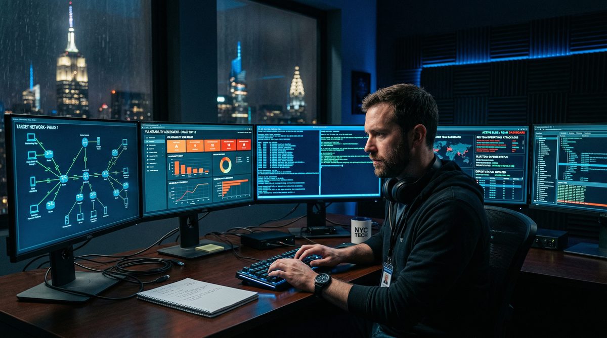 Cybersecurity professional running penetration tests with network topology on multiple screens
