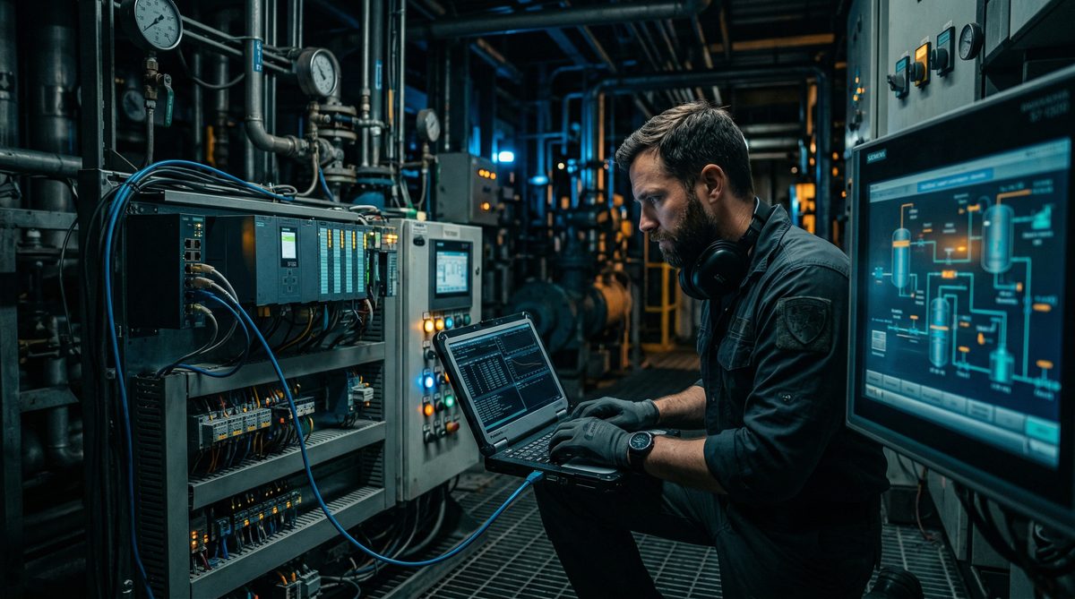 Cybersecurity engineer testing SCADA industrial control systems with a laptop in a plant control room